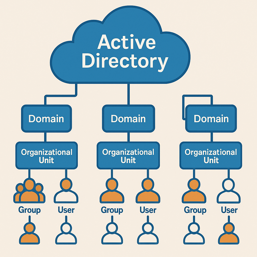 Diagramma della struttura di Active Directory nel 2025 con Domain Controller, OU e GPO