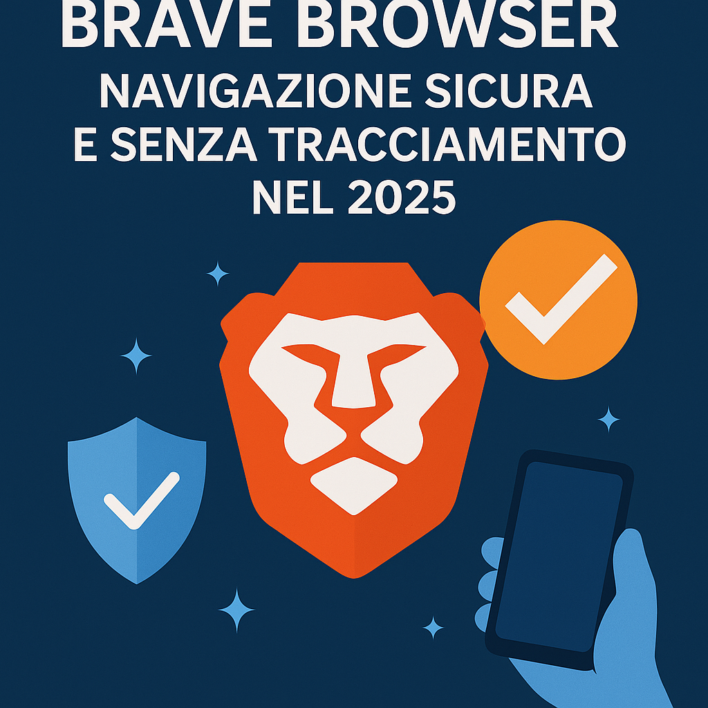 Illustrazione digitale promozionale di Brave Browser, evidenzia privacy, blocco annunci e navigazione sicura nel 2025.