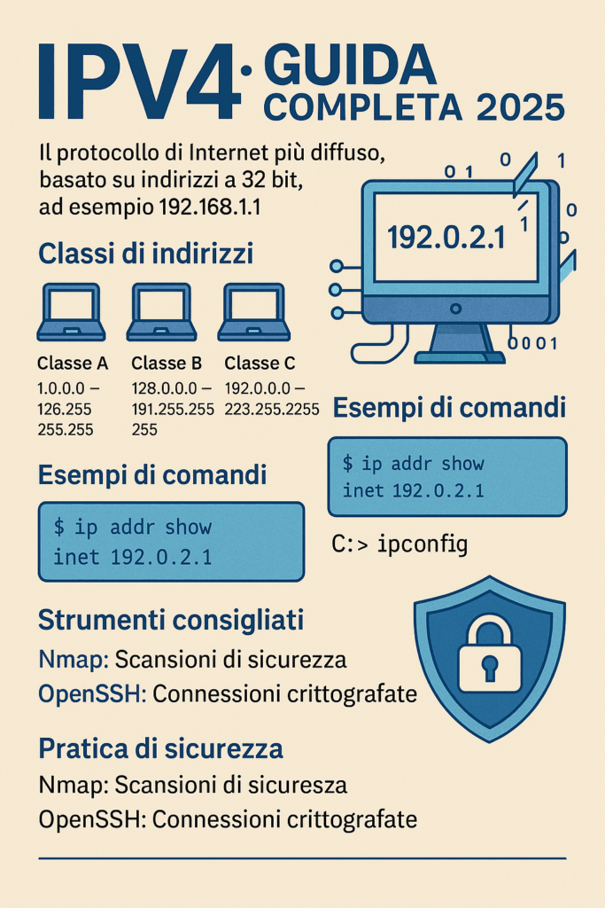 Illustrazione digitale che spiega la struttura degli indirizzi IPv4 e la loro evoluzione fino al 2025