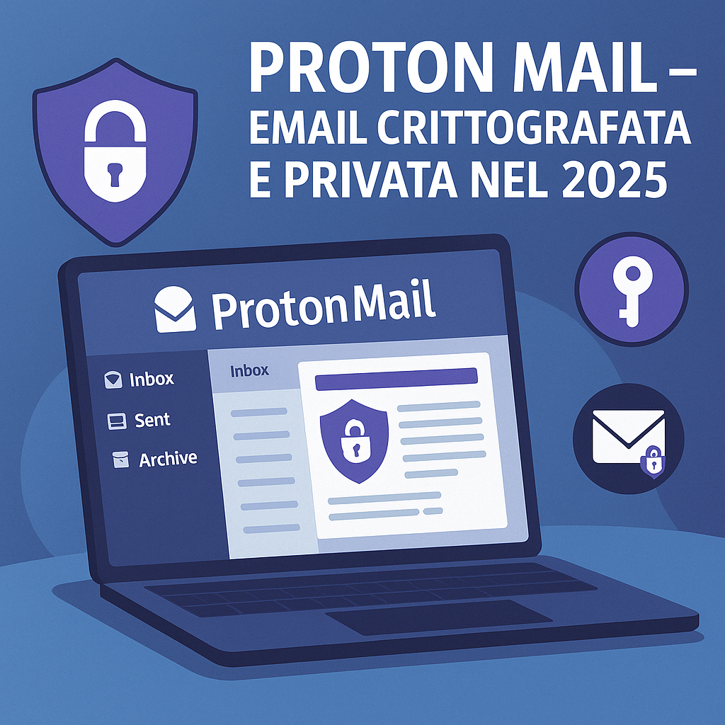 Interfaccia utente di Proton Mail nel 2025, evidenziando la crittografia end-to-end e la protezione della privacy.