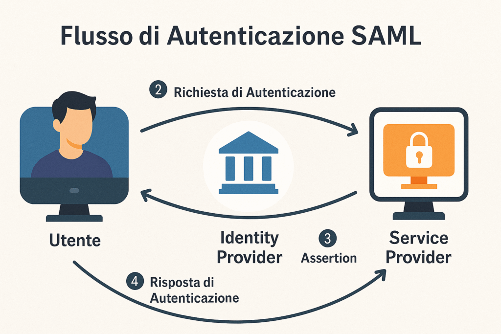 Diagramma del flusso di autenticazione SAML tra utente, IdP e SP