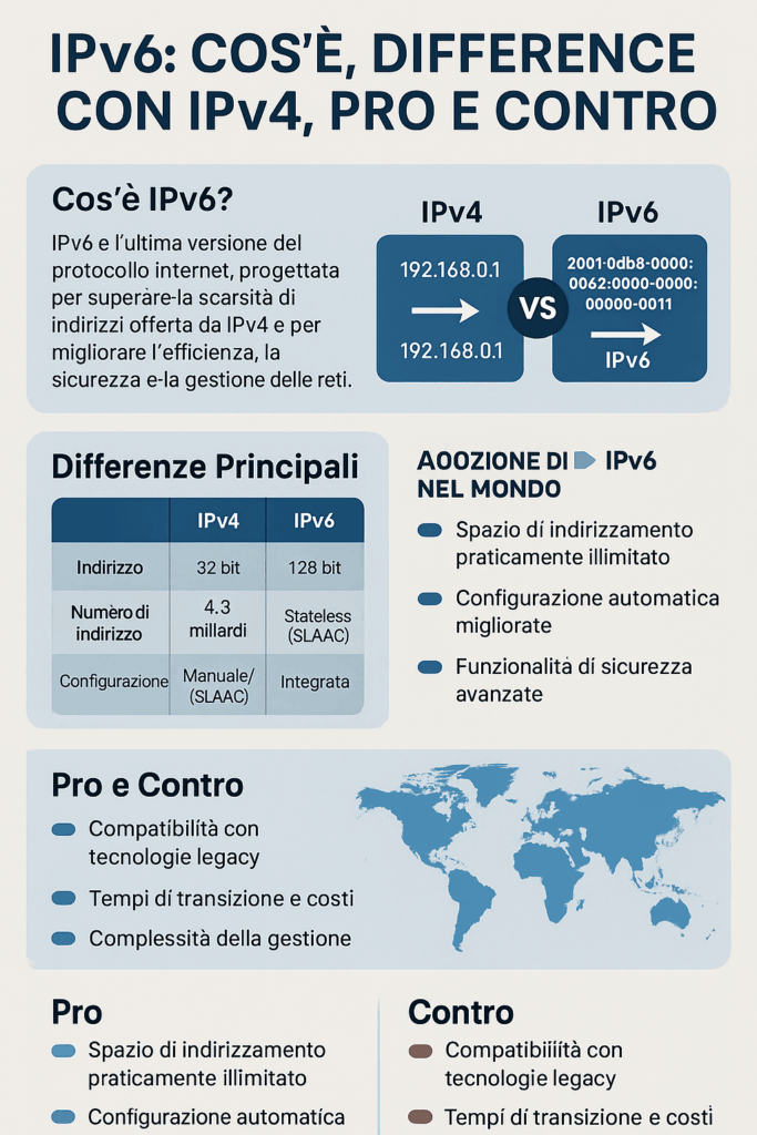 Infografica educativa IPv6 con confronto IPv4, struttura pacchetto e benefici per la rete del futuro