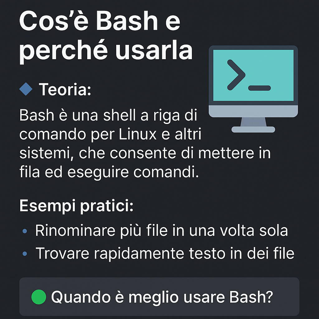 llustrazione didattica che spiega cosa è Bash, con teoria, esempi pratici e un invito alla riflessione